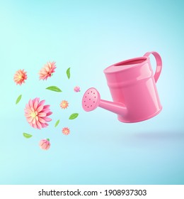 Pink water can with colorful summer flowers and green leaves against pastel blue background. Advertisement idea. Minimal nature concept. 3d render - Powered by Shutterstock