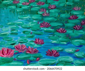 Pink Water Lilies, Oil Painting.