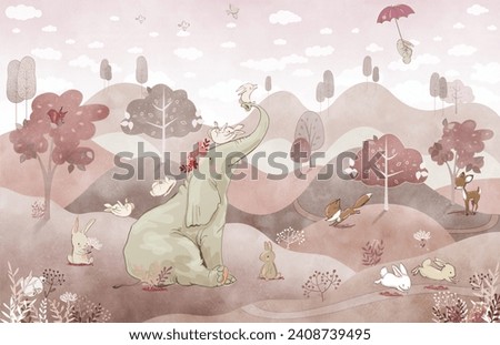 pink watercolor animals wallpaper mural, elephant, deer, fox, forest, wall art, girls, clouds, hills, wall art, bunny ストックフォト © 