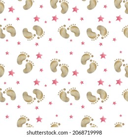 Pink Watercolor Baby Girl Seamless Pattern With Footprint And Stars. Baby Pink Paint Brush Stroke Background.