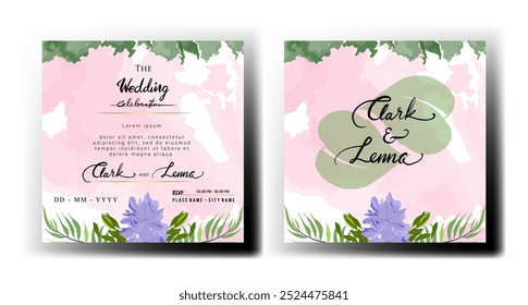 pink watercolor background wedding invitation with purple water flower theme - Powered by Shutterstock