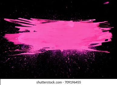 pink watercolor brush stroke. Varnish splash label. Abstract shape oil paint smear on black background.