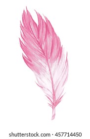 Pink Watercolor Feather. Hand Drawn Watercolor Pink Feather. Boho Feather Style. Raster Illustration.