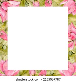 Pink Watercolor Hand Drawn Lotus Flower Frame. Watercolour Water Lily Floral Leaf And Bud Illustration Isolated On White Background 