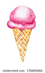 Pink Watercolor Ice Cream In Waffle Cone Isolated On White Background. Hand Drawn Illustration.