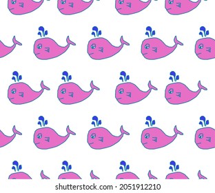 pink whale cartoon animal hand drawn seamless background and white background