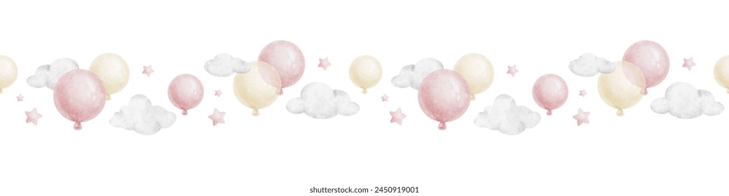 Pink, white air balloons, clouds and stars. Watercolor isolated hand drawn seamless border. Banner for website, postcards, decoration of children's rooms and party, Baby shower and birthday cards - Powered by Shutterstock