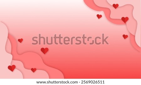 Pink and white gradient background with wavy corners of white clouds with red heart elements. Valentine theme. Affection theme illustration design pattern. Abstract background.