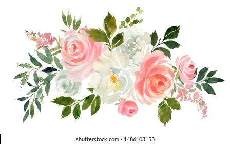 Pink White Pastel Colors Watercolor Floral Arrangement Isolated On White Background