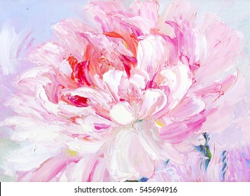 Pink And White Peony Background. Oil Painting Floral Texture