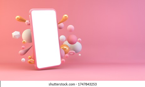 Pink White Phone Surrounded By Geometric Shapes 3d Rendering