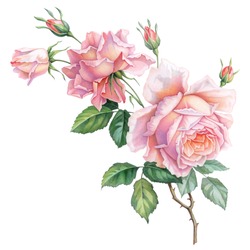 Pink White Vintage Roses  Flowers Isolated On White Background. Colored Pencil Watercolor Illustration