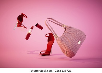 pink women's handbag, red heeled shoes and red lipstick on a pastel background. 3D render. - Powered by Shutterstock