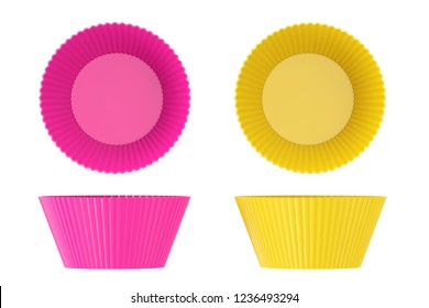 Pink and Yellow Colorful Cupcake Silicone Cups on a white background. 3d Rendering 