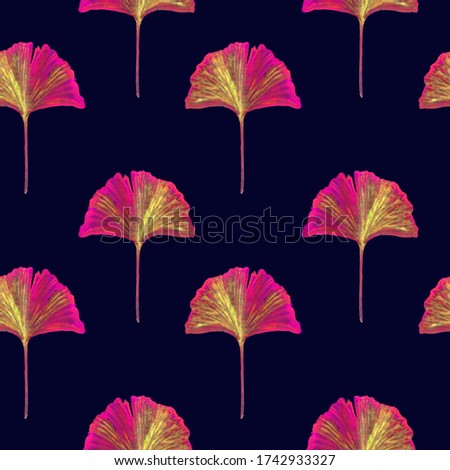 Pink and yellow ginkgo (ginkgo biloba or maidenhair tree) leaves, hand painted watercolor illustration, seamless pattern design on dark bluebackground 商業照片 © 
