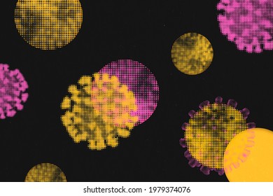 Pink And Yellow Halftone Coronavirus On A Black Background Psd Mockup