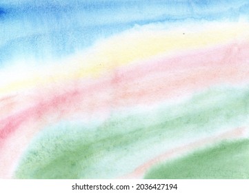 Pink-blue With Green And Yellow Gradient Mesh. Abstract Watercolor Painting Background. Candy Color Palette. Blurred Color Abstraction. Rainbow Background. Drawn By Hand.