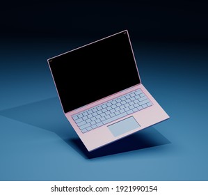 Pink-blue Laptop On A Blue Background. 3d Illustration. Render. Laptop At An Angle.Template For Design.