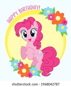 Pinkie Pie Happy Birthday card! Cartoon character from My little pony is wishing a happy birthday! Greeting card for a kid. Cute, pink pony with pink hair and blue eyes. Yellow background and flowers.