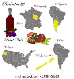 Pinot Noir. The Wine List. An Illustration Of A Red Wine With An Example Of Aromas, A Vineyard Map And Food That Matches The Wine. Background For Menu And Wine Tasting.