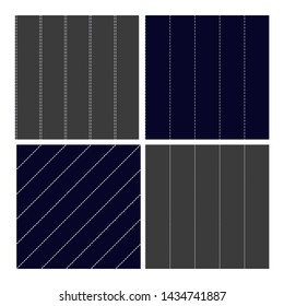 Pinstripe Collection Seamless Pattern Set . Classic Different Grey, Navy Blue And White Dashed Sewing Pinstripe Fabric Textile Material For Clothing. Texture Flat Illustration