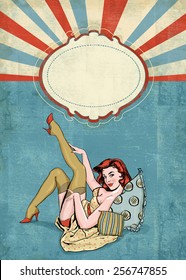 Pin-up illustration of woman on pillows in stockings  with place for text.