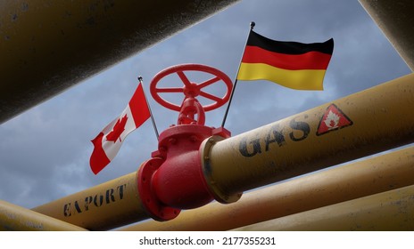 Pipe Of Gas From Canada To Germany, Valve On The Main Gas Pipeline Canada, Sanctions Concept, 3D Work And 3D Image