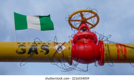 Pipe Of Gas Nigeria, Valve On The Main Gas Pipeline Nigeria, Sanctions On Nigeria, The Pipeline Is Wrapped With Barbed Wire, 3D Work And 3D Image