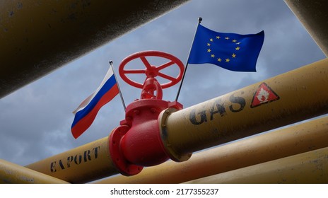 Pipe Of Gas From Russia To European Union, Valve On The Main Gas Pipeline Russia, Sanctions Concept, 3D Work And 3D Image