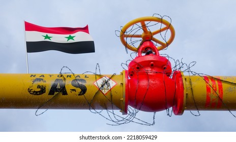 Pipe Of Gas Syria, Valve On The Main Gas Pipeline Syria, Sanctions On Syria, The Pipeline Is Wrapped With Barbed Wire, 3D Work And 3D Image