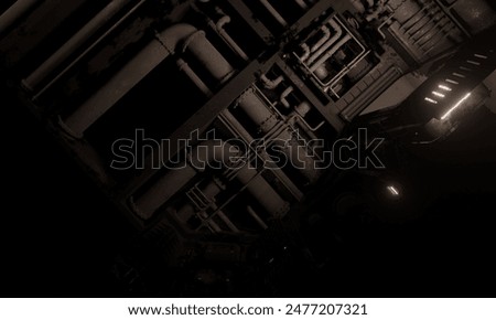 Pipe line in hallway 3d render in dark scene science fiction wallpaper background