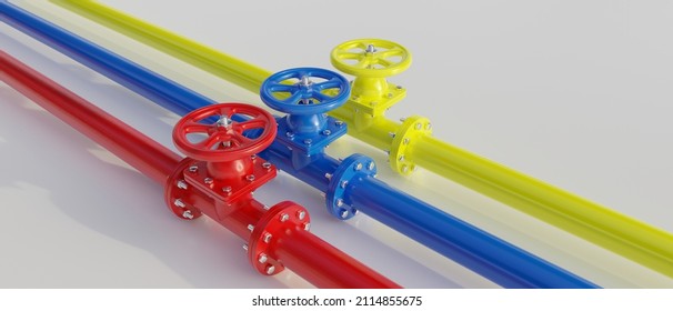 Pipe Line And Valve With Wheel On White Background. Red, Yellow And Blue Color Industrial Pipeline. 3d Render