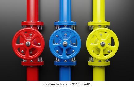 Pipe Line And Valve With Wheel On Black Background. Red, Yellow And Blue Color Industrial Pipeline. 3d Render