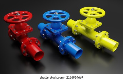 Pipe Line And Valve With Wheel On Black Background. Red, Yellow And Blue Color Industrial Pipeline. 3d Render