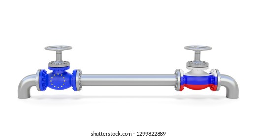 Pipe Line And Valves (faucets) With National Flags Of Russia And European Union. Transportation Or Delivery Of Natural Gas Or Petroleum On Pipeline Between Supplier And Importer. 3d Rendering