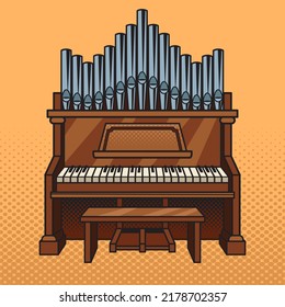 Pipe organ musical instrument pop art retro raster illustration. Comic book style imitation.