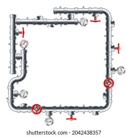 A pipe or pipework frame border design with valves, gauges and flanges