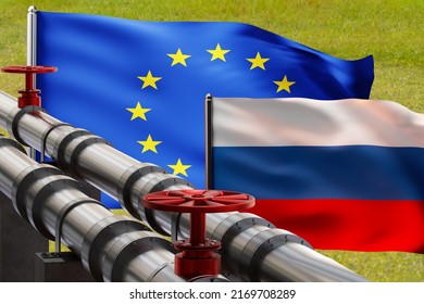 Pipe from Russia to EU. Two trumpets in front of flags. EU and Russia banners. Concept of sale of Russian chemical products to European Union. Pipe for chemical products over grass. 3d image.