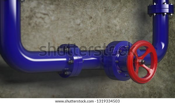 pipe\
valve on concrete wall, 3D rendering 3D\
illustration