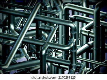 Pipeline Background. Intertwining Pipes Of Chemical Production. Industrial Concept. Pipes For Transporting Products Through Factory. Industrial Pipeline. Visualization Of Steel Pipes. 3d Image.