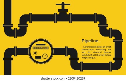 Pipeline Background. Oil, Water Or Gas Pipe With Valve, Meter Or Counter. Plumbing System With Gauge. Industrial, Construction Or Technology Business Infographic. 