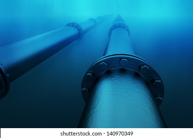 Pipeline In The Blue Waters Of The Sea.  Pipeline Transportation Is Most Common Way Of Transporting Goods Such As Oil, Natural Gas Or Water On Long Distances.