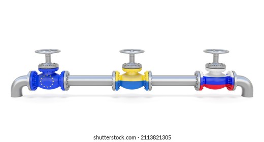 Pipeline And Valves (faucets) With Flags Of Russia, Ukraine And European Union. Transportation, Delivery, Transit Of Natural Gas Or Petroleum On Pipeline Between Supplier And Importer. 3d Rendering