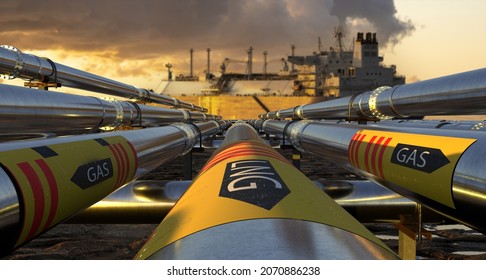 Pipelines leading the LNG terminal and the LNG -3d illustration.