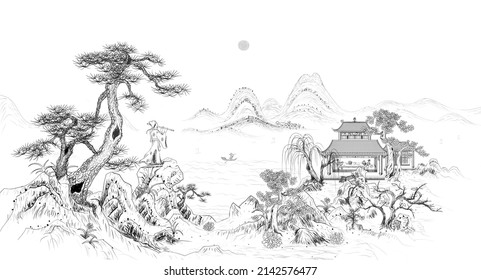 Piper chinese style line drawing illustration