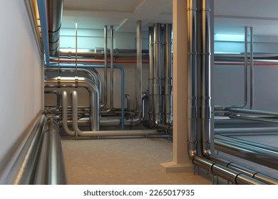 Pipes for cleaning sewer drains. Basement of residential building with pipeline. Sewer pipes in concrete room. Ensuring functioning of sewer system concept. Gray metal pipes inside. 3d rendering. - Powered by Shutterstock