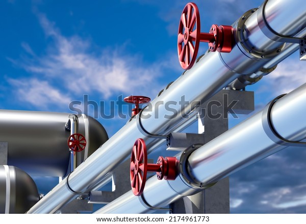 Pipes for gas supply on concrete supports. Gas\
equipment under blue sky. Concept supplying propane to factory.\
Supply of production with energy resources. Gas pipes with tanks\
and valves. 3d\
image.