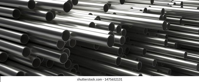 Pipes Tubes Steel Metal Background. Round Shale Stacked, Banner. Products For Utilities Services, Construction Industry. 3d Illustration