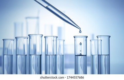 Pipette drip drops into laboratory test tubes - 3D illustration