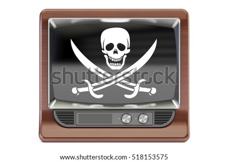 Piracy concept, 3D rendering. TV set with pirate flag  isolated on white background